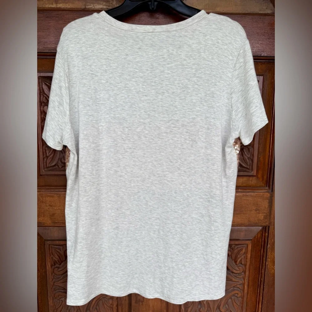 Vanilla Bay Light Gray Short Sleeve Sequin Camo Colorblock Top, NWOT, Size Large - Picture 5 of 5